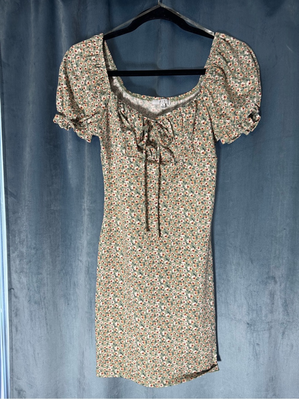 IRIS Sage Green Floral Mini Dress with Puff Sleeves